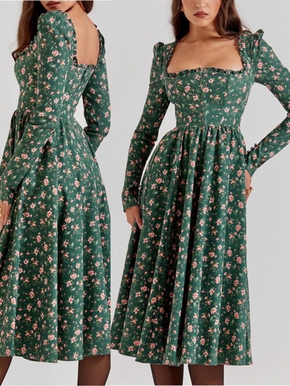 House of CB NWT Delia Green Floral Long Sleeve Midi Dress L